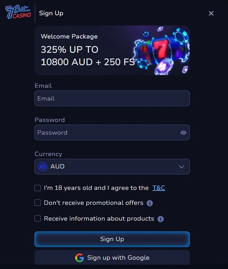 7bit Casino sign up form