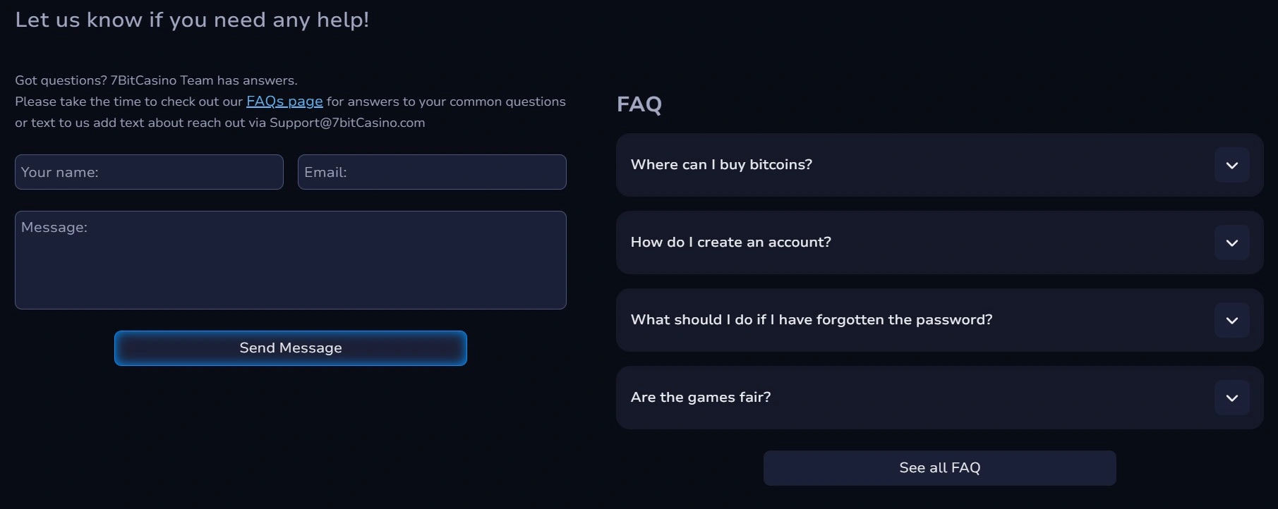 7bit Casino support and FAQ section